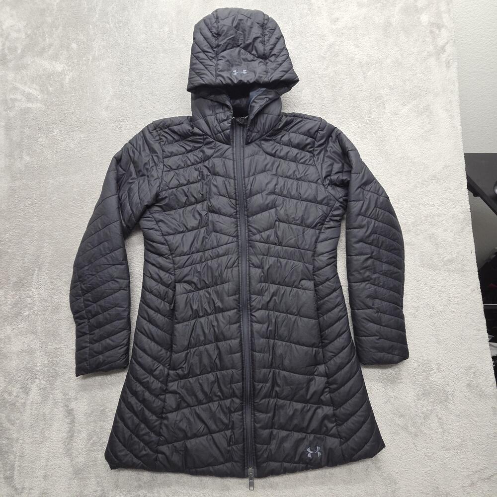 Under Armour Coat Womens M Black Puffer Insulated Hooded ColdGear Slim